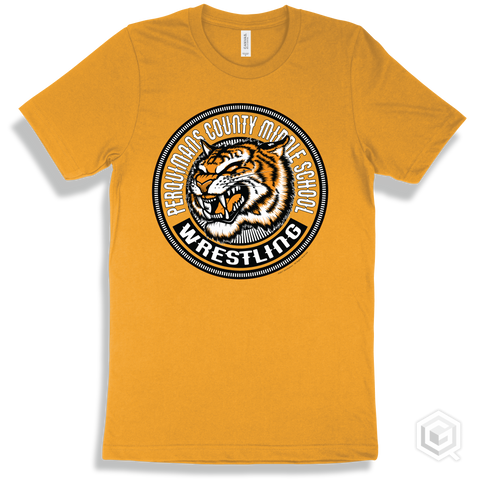 Perquimans County Middle School Tigers Gold T-Shirt - Mascot Circle Wrestling Design