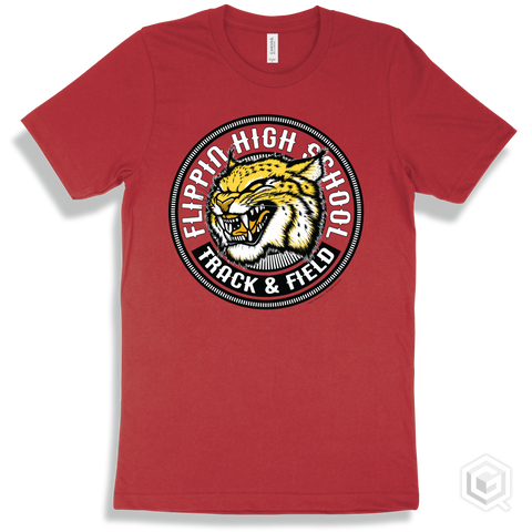 Flippin High School Bobcats Red T-Shirt - Mascot Circle Track & Field Design