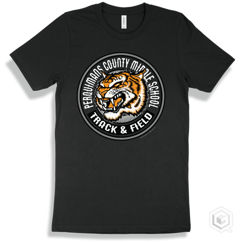 Perquimans County Middle School Tigers Black T-Shirt - Mascot Circle Track & Field Design