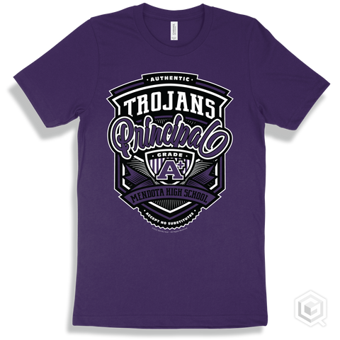 Trojan Team Purple T-shirt - Authentic Grade A Plus Mendota High School Trojans Principal Design