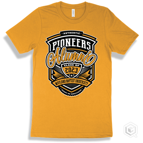 Pioneer Gold T-shirt - Authentic Grade A Plus Wayland Baptist University Pioneers Alumni Design
