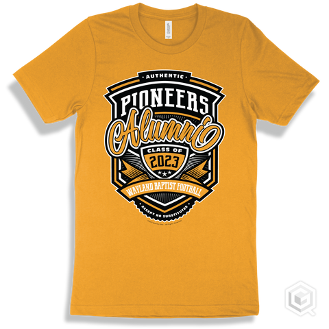 Pioneer Gold T-shirt - Authentic Grade A Plus Wayland Baptist Football Pioneers Alumni Design