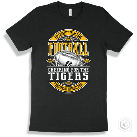 Tiger Black T-shirt - My Favorite Things Are Football and Cheering for the Perquimans County Middle School Tigers Design