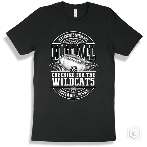 Wildcat Black T-shirt - My Favorite Things Are Football and Cheering for the Jasper High School Wildcats Design