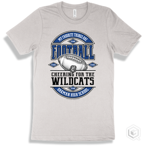 Wildcat White T-shirt - My Favorite Things Are Football and Cheering for the Oakman High School Wildcats Design