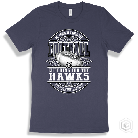 Hawk Navy T-shirt - My Favorite Things Are Football and Cheering for the Juan Felipe Herrera Elementary Hawks Design