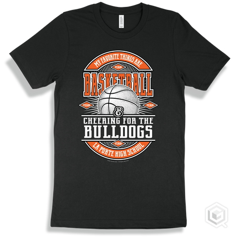 Bulldog Black T-shirt - My Favorite Things Are Basketball and Cheering for the La Porte High School Bulldogs Design