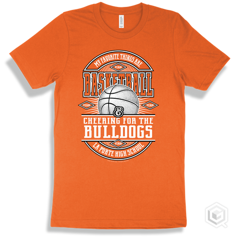Bulldog Orange T-shirt - My Favorite Things Are Basketball and Cheering for the La Porte High School Bulldogs Design