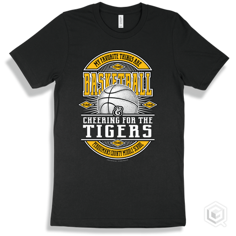 Tiger Black T-shirt - My Favorite Things Are Basketball and Cheering for the Perquimans County Middle School Tigers Design