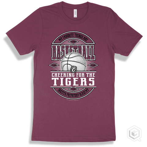 Tiger Maroon T-shirt - My Favorite Things Are Basketball and Cheering for the Inkster Prepatory Academy Tigers Design