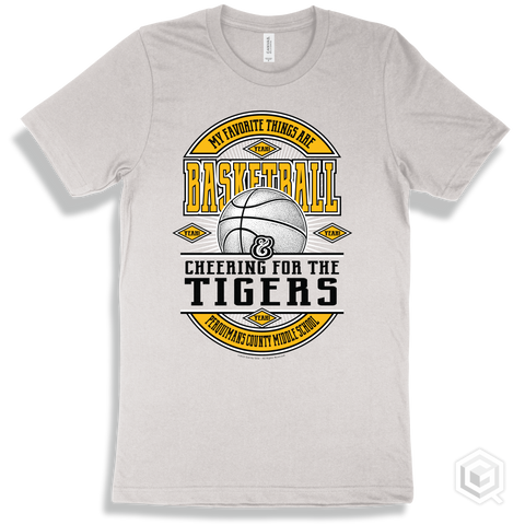 Tiger White T-shirt - My Favorite Things Are Basketball and Cheering for the Perquimans County Middle School Tigers Design