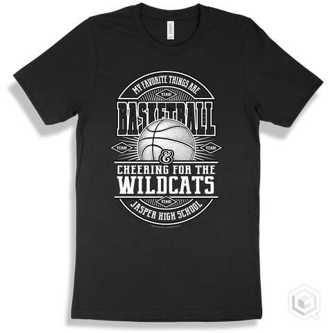 Wildcat Black T-shirt - My Favorite Things Are Basketball and Cheering for the Jasper High School Wildcats Design