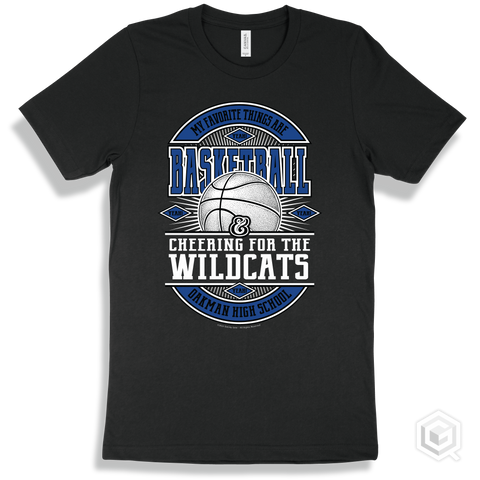 Wildcat Black T-shirt - My Favorite Things Are Basketball and Cheering for the Oakman High School Wildcats Design