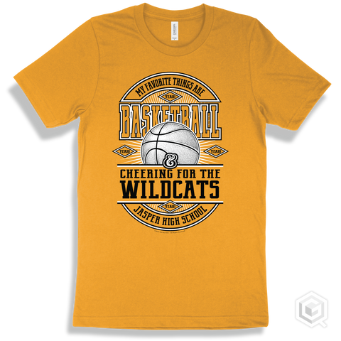 Wildcat Gold T-shirt - My Favorite Things Are Basketball and Cheering for the Jasper High School Wildcats Design