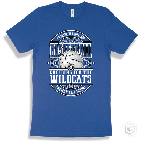 Wildcat True Royal T-shirt - My Favorite Things Are Basketball and Cheering for the Oakman High School Wildcats Design