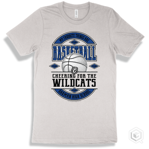 Wildcat White T-shirt - My Favorite Things Are Basketball and Cheering for the Oakman High School Wildcats Design