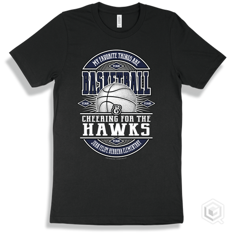 Hawk Black T-shirt - My Favorite Things Are Basketball and Cheering for the Juan Felipe Herrera Elementary Hawks Design