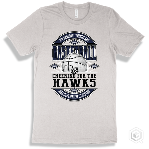Hawk White T-shirt - My Favorite Things Are Basketball and Cheering for the Juan Felipe Herrera Elementary Hawks Design