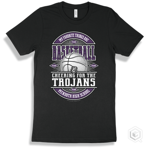 Trojan Black T-shirt - My Favorite Things Are Basketball and Cheering for the Mendota High School Trojans Design