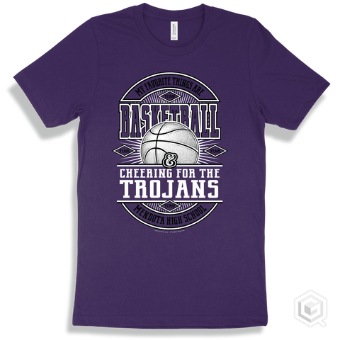 Trojan Team Purple T-shirt - My Favorite Things Are Basketball and Cheering for the Mendota High School Trojans Design