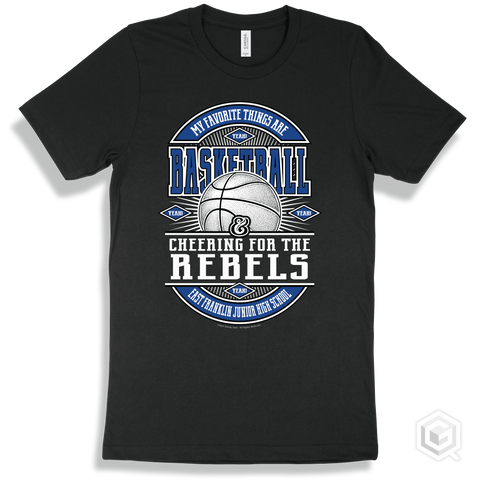 Rebel Black T-shirt - My Favorite Things Are Basketball and Cheering for the East Franklin Junior High School Rebels Design