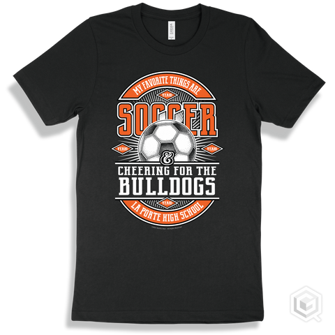 Bulldog Black T-shirt - My Favorite Things Are Soccer and Cheering for the La Porte High School Bulldogs Design