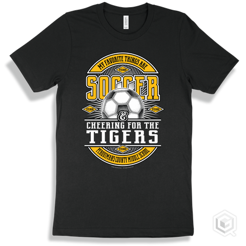 Tiger Black T-shirt - My Favorite Things Are Soccer and Cheering for the Perquimans County Middle School Tigers Design