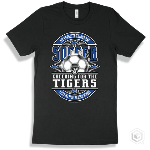 Tiger Black T-shirt - My Favorite Things Are Soccer and Cheering for the Reitz Memorial High School Tigers Design