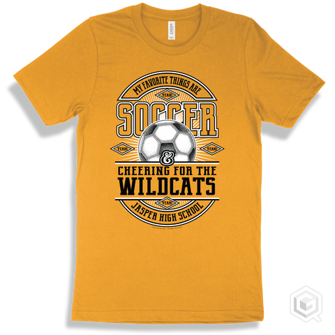 Wildcat Gold T-shirt - My Favorite Things Are Soccer and Cheering for the Jasper High School Wildcats Design