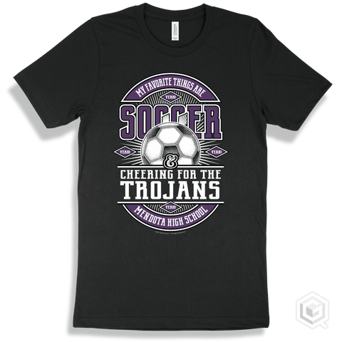 Trojan Black T-shirt - My Favorite Things Are Soccer and Cheering for the Mendota High School Trojans Design
