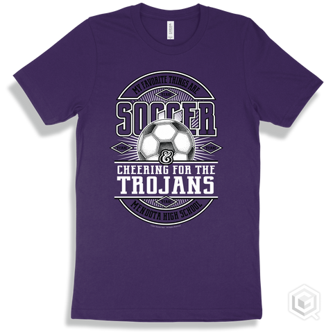 Trojan Team Purple T-shirt - My Favorite Things Are Soccer and Cheering for the Mendota High School Trojans Design