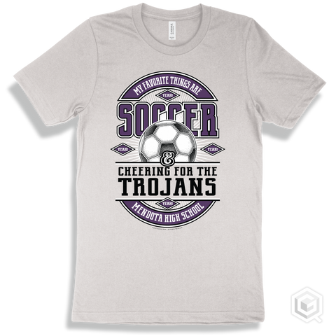 Trojan White T-shirt - My Favorite Things Are Soccer and Cheering for the Mendota High School Trojans Design