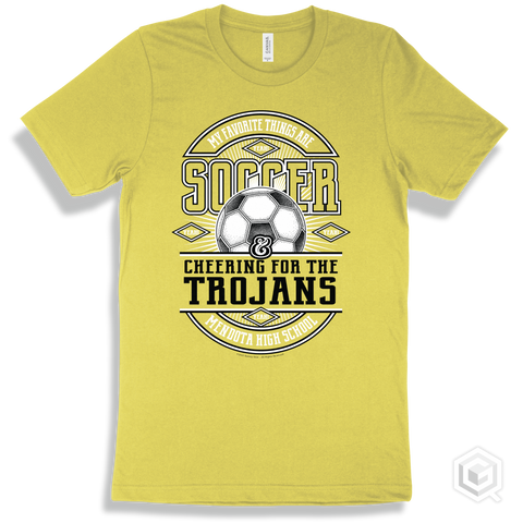 Trojan Yellow T-shirt - My Favorite Things Are Soccer and Cheering for the Mendota High School Trojans Design