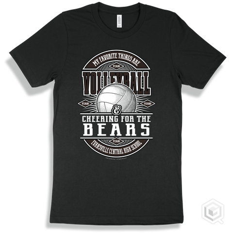 Bear Black T-shirt - My Favorite Things Are Volleyball and Cheering for the Evansville Central High School Bears Design
