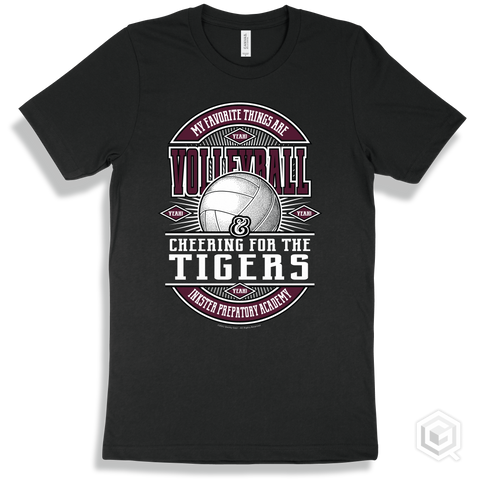 Tiger Black T-shirt - My Favorite Things Are Volleyball and Cheering for the Inkster Prepatory Academy Tigers Design