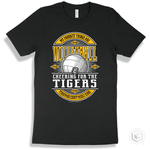 Tiger Black T-shirt - My Favorite Things Are Volleyball and Cheering for the Perquimans County Middle School Tigers Design
