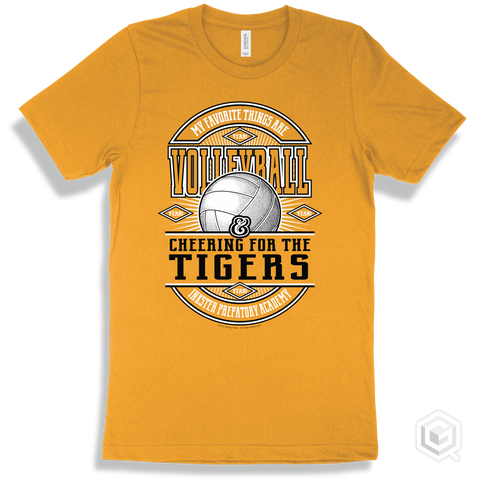 Tiger Gold T-shirt - My Favorite Things Are Volleyball and Cheering for the Inkster Prepatory Academy Tigers Design