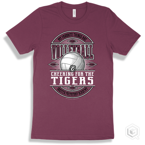 Tiger Maroon T-shirt - My Favorite Things Are Volleyball and Cheering for the Inkster Prepatory Academy Tigers Design