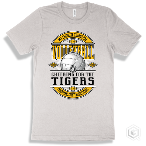 Tiger White T-shirt - My Favorite Things Are Volleyball and Cheering for the Perquimans County Middle School Tigers Design