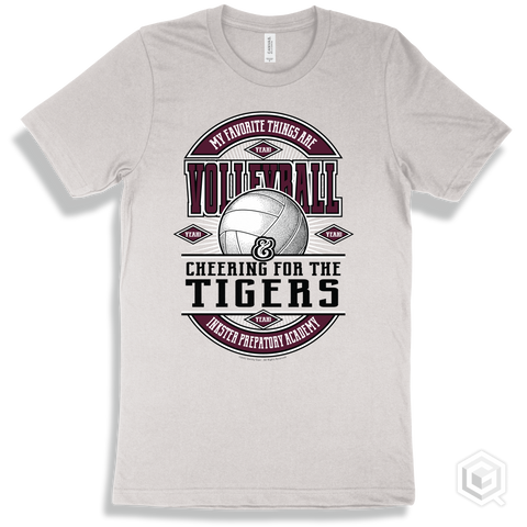 Tiger White T-shirt - My Favorite Things Are Volleyball and Cheering for the Inkster Prepatory Academy Tigers Design