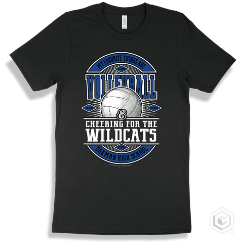 Wildcat Black T-shirt - My Favorite Things Are Volleyball and Cheering for the Oakman High School Wildcats Design