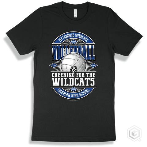 Wildcat Black T-shirt - My Favorite Things Are Volleyball and Cheering for the Oakman High School Wildcats Design