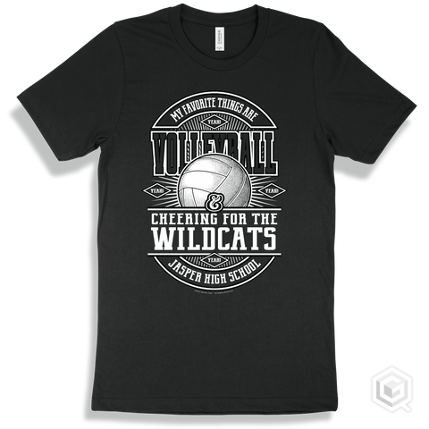 Wildcat Black T-shirt - My Favorite Things Are Volleyball and Cheering for the Jasper High School Wildcats Design