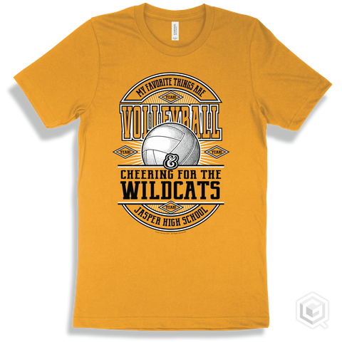 Wildcat Gold T-shirt - My Favorite Things Are Volleyball and Cheering for the Jasper High School Wildcats Design