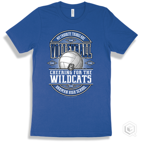 Wildcat True Royal T-shirt - My Favorite Things Are Volleyball and Cheering for the Oakman High School Wildcats Design