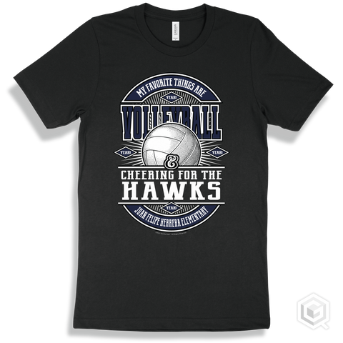 Hawk Black T-shirt - My Favorite Things Are Volleyball and Cheering for the Juan Felipe Herrera Elementary Hawks Design