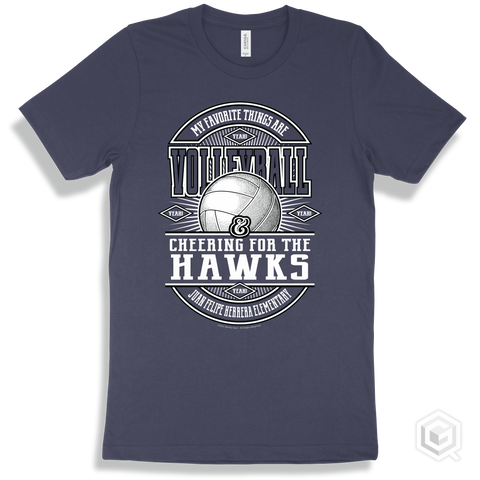 Hawk Navy T-shirt - My Favorite Things Are Volleyball and Cheering for the Juan Felipe Herrera Elementary Hawks Design