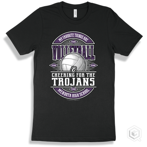 Trojan Black T-shirt - My Favorite Things Are Volleyball and Cheering for the Mendota High School Trojans Design
