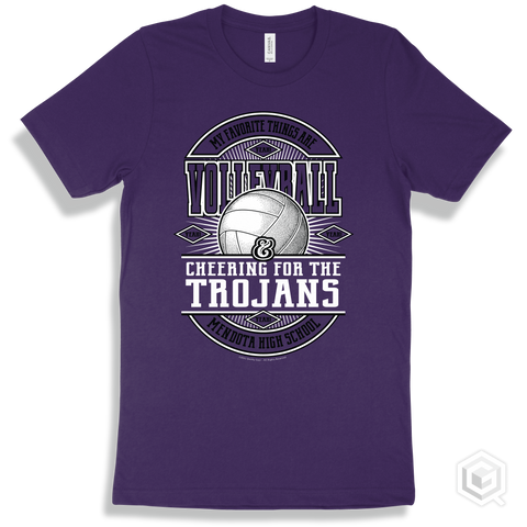 Trojan Team Purple T-shirt - My Favorite Things Are Volleyball and Cheering for the Mendota High School Trojans Design