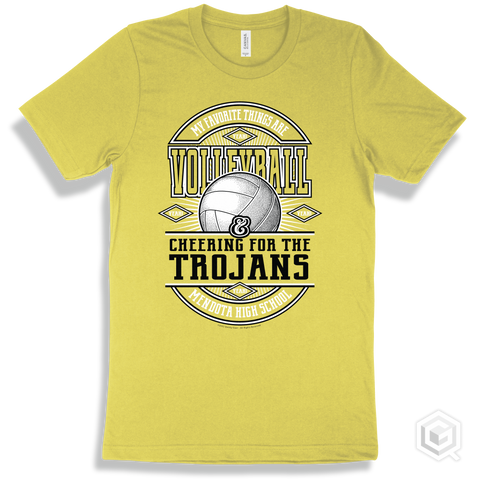 Trojan Yellow T-shirt - My Favorite Things Are Volleyball and Cheering for the Mendota High School Trojans Design